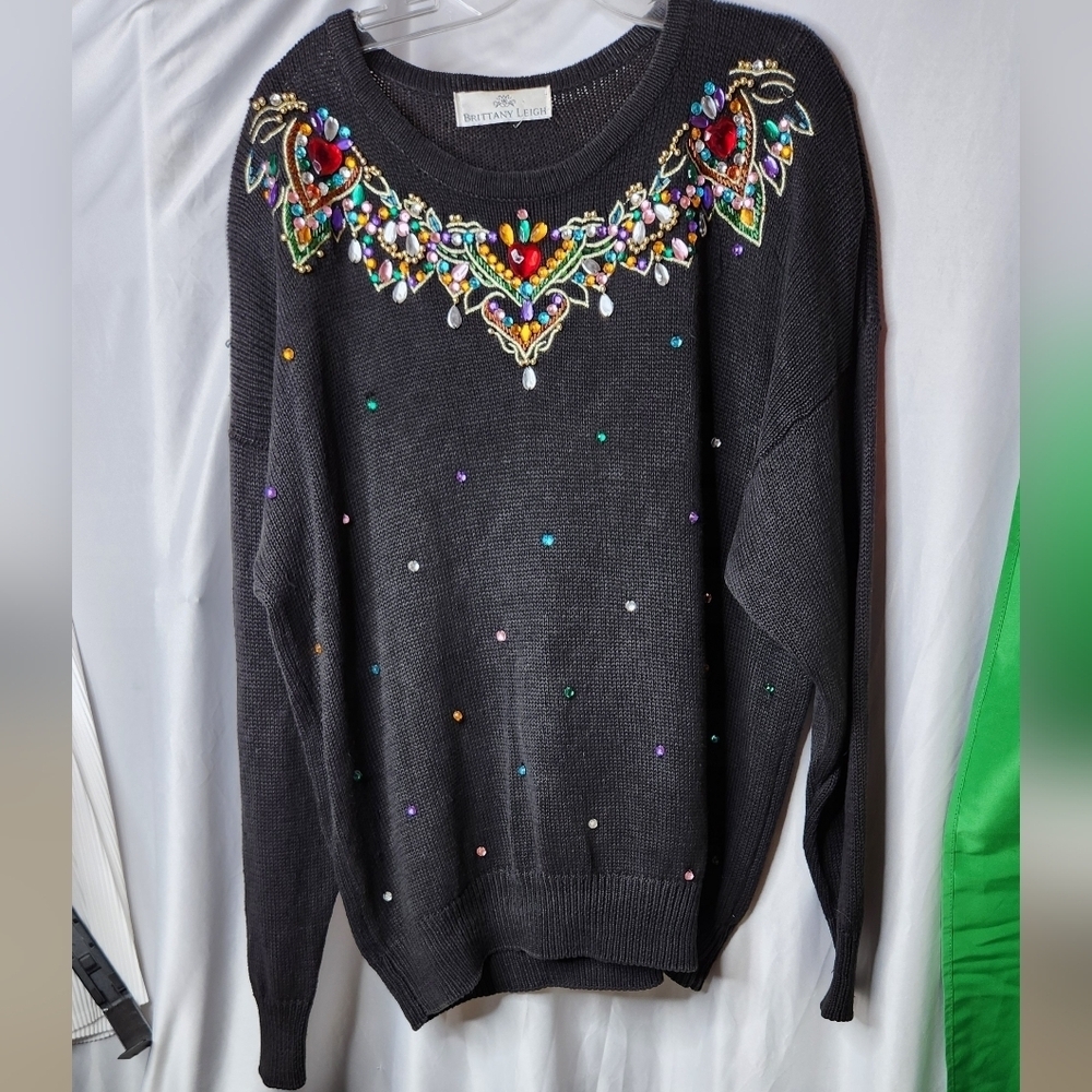 Vintage 90’s Women’s BRITTANY LEIGH Jeweled Black Cotton Ramie Sweater  Large